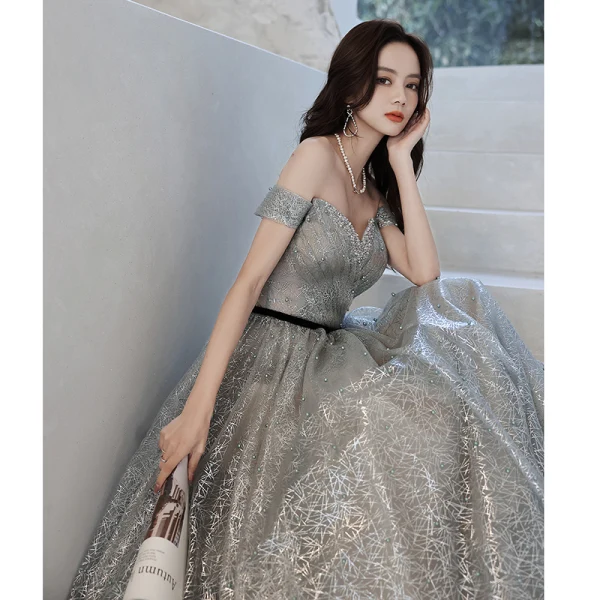 Sparkly Silver Glitter Sequins Prom Dresses 2021 A-Line / Princess Off-The-Shoulder Beading Pearl Sleeveless Backless Floor-Length / Long Prom Formal Dresses