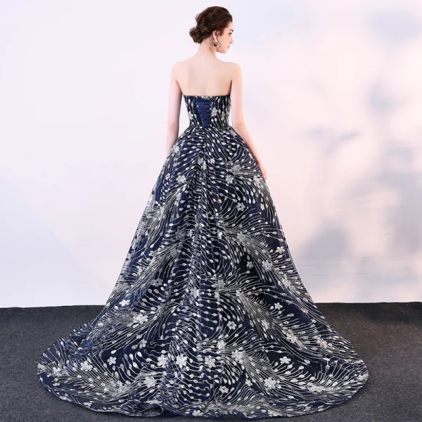 Glitzernden Marineblau Festliche Kleider 2018 Ballkleid Glanz Pailletten Bandeau Rückenfreies Ärmellos Hof-Schleppe Abendkleider
