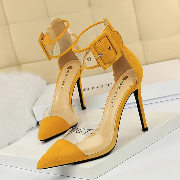 Chic / Belle Noire Désinvolte Daim Sandales Femme 2020 Bride Cheville 10 cm Talons Aiguilles À Bout Pointu Sandales