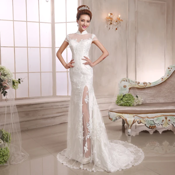 Style Chinois Rouge Robe De Soirée 2018 Trompette / Sirène Appliques En Dentelle Paillettes Col Haut Manches Courtes Train De Balayage Robe De Ceremonie