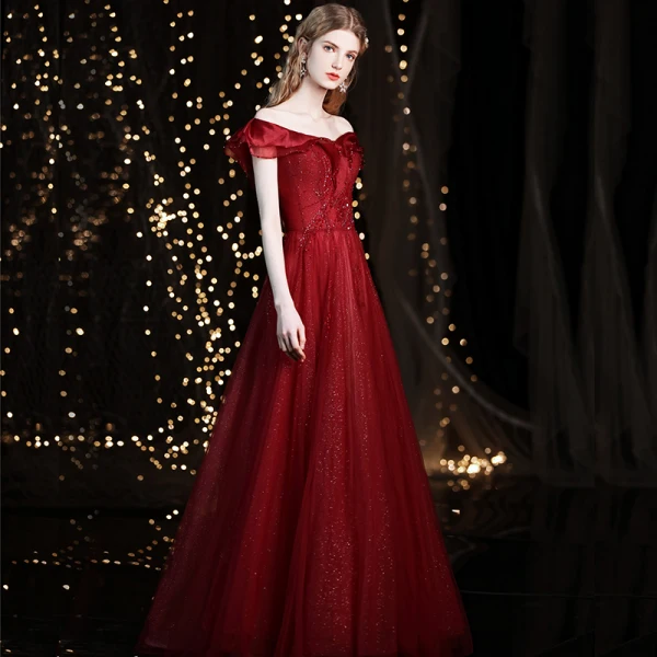 Charming Burgundy Prom Dresses 2021 A-Line / Princess Off-The-Shoulder Beading Sequins Short Sleeve Backless Floor-Length / Long Formal Dresses