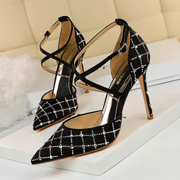 Charming Champagne Rhinestone Evening Party Womens Shoes 2020 Satin X-Strap 10 cm Stiletto Heels Pointed Toe Sandals