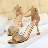 Sexy Silver Evening Party Womens Sandals 2020 Ankle Strap Rhinestone Sequins 8 cm Stiletto Heels Open / Peep Toe Sandals