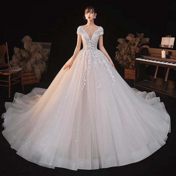 Charming Champagne Wedding Dresses 2020 Ball Gown See-through V-Neck Beading Star Sequins Lace Flower Short Sleeve Backless Royal Train