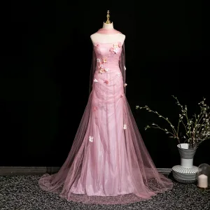Sexy Rødmende Rosa Glitter Perle Appliques Selskapskjoler 2025 Trompet Havfrue Strapless Uten Ermer Ryggløse Lange Aften Formelle Kjoler