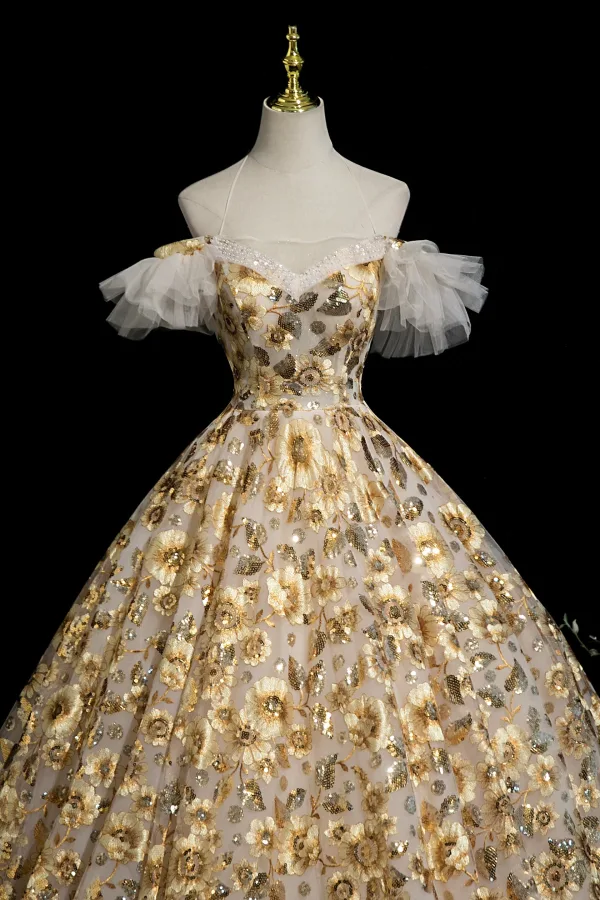 Flower Fairy Yellow Beading Sequins Lace Flower Floral Prom Dresses 2025 Ball Gown Spaghetti Straps Short Sleeve Backless Floor-Length / Long Formal Dresses