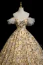 Flower Fairy Yellow Beading Sequins Lace Flower Floral Prom Dresses 2025 Ball Gown Spaghetti Straps Short Sleeve Backless Floor-Length / Long Formal Dresses