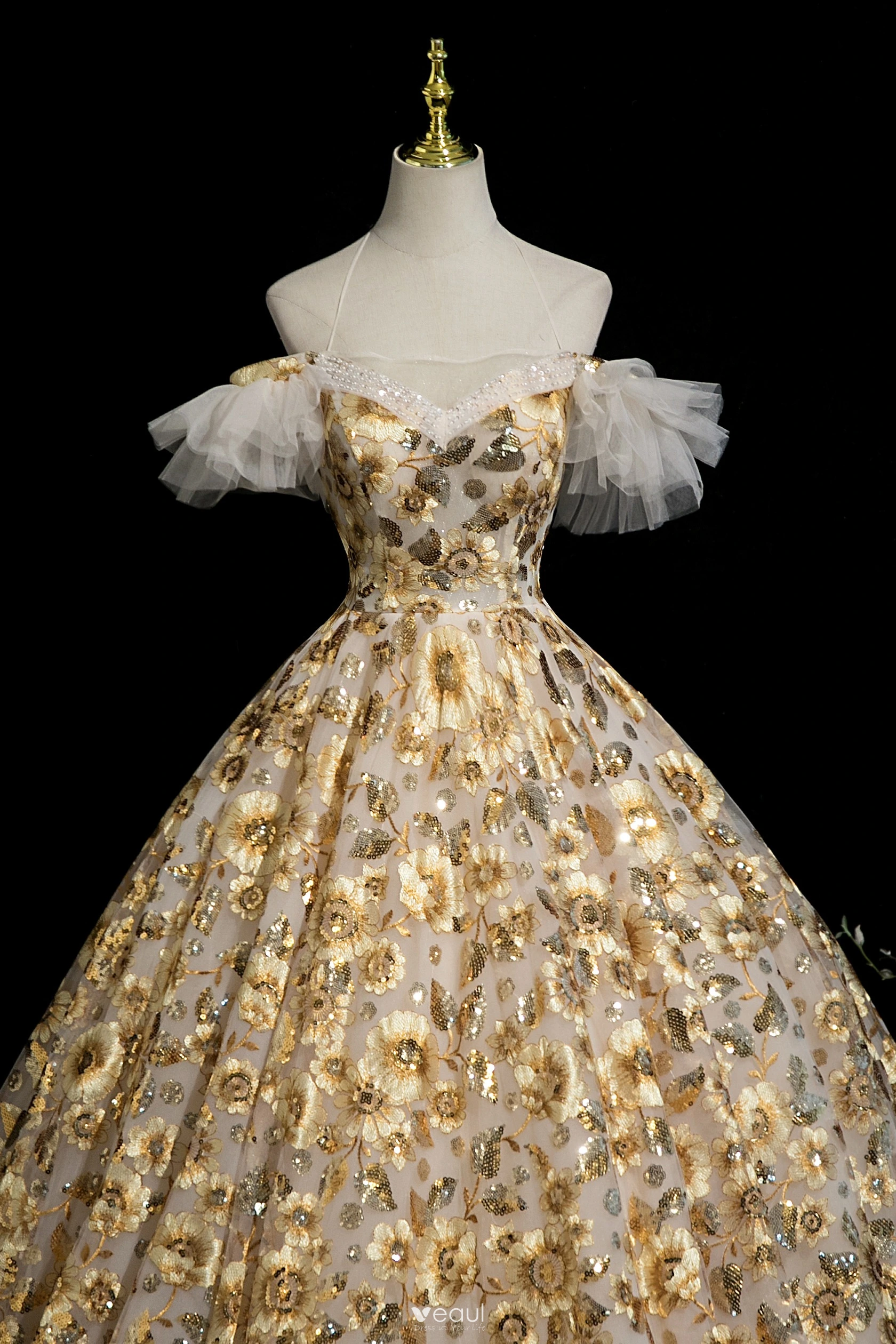 Yellow Puffy Sleeves A Line Backless Beading Prom Dress