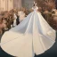 Luxury / Gorgeous Ivory Wedding Dresses 2020 Ball Gown Scoop Neck Beading Lace Short Sleeve Backless Royal Train