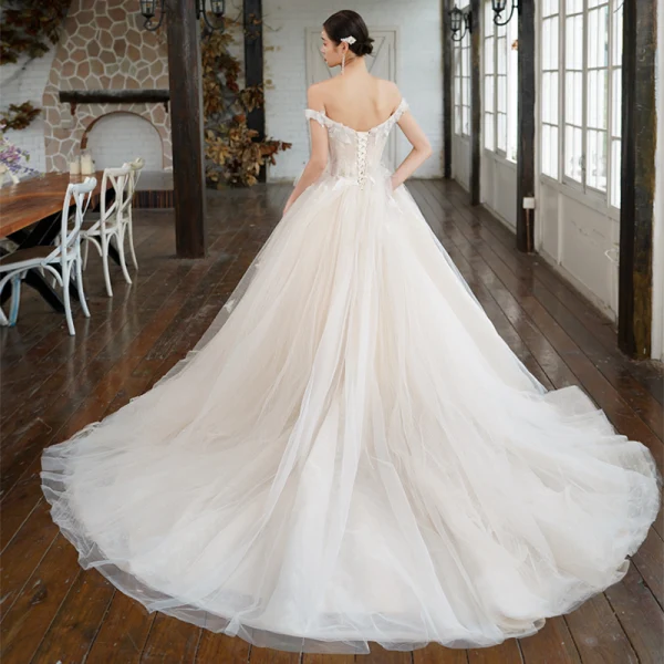 Luxury / Gorgeous Charming Champagne Wedding Dresses 2020 A-Line / Princess Ruffle Off-The-Shoulder Beading Backless Rhinestone Sequins Sleeveless Court Train