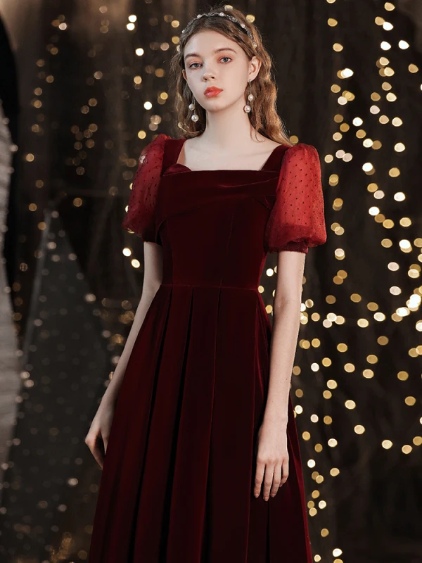 Modest / Simple Burgundy Suede Evening Dresses  2021 A-Line / Princess Square Neckline Short Sleeve Backless Floor-Length / Long Evening Party Formal Dresses