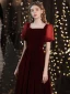 Modest / Simple Burgundy Suede Evening Dresses  2021 A-Line / Princess Square Neckline Short Sleeve Backless Floor-Length / Long Evening Party Formal Dresses