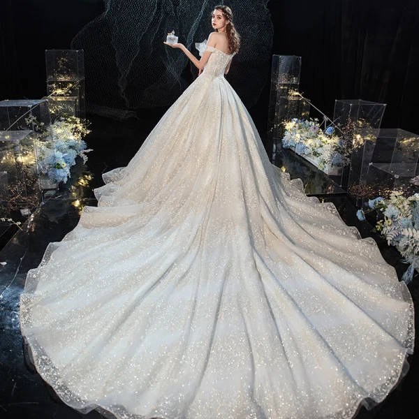Luxury / Gorgeous Charming Champagne Wedding Dresses 2020 Ball Gown Ruffle Strapless Lace Sequins Short Sleeve Backless Royal Train