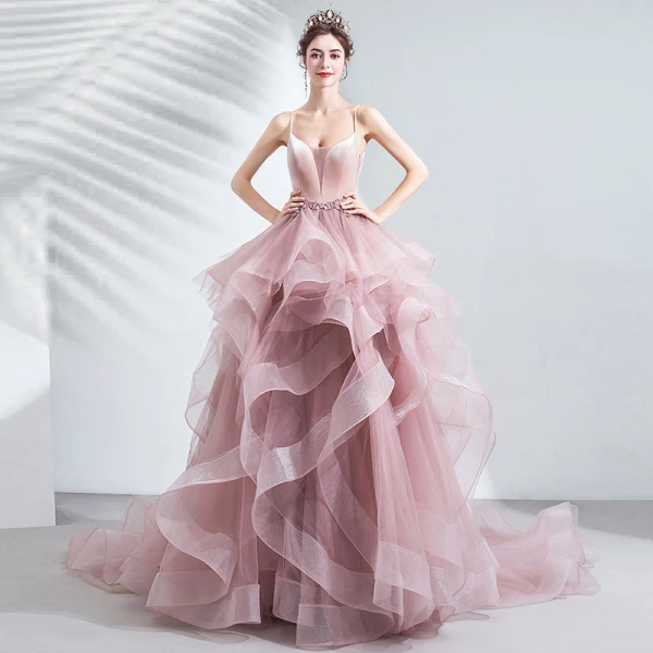 Chic / Beautiful Blushing Pink Cascading Ruffles Prom Dresses 2020 Ball Gown Spaghetti Straps Beading Lace Flower Sleeveless Backless Court Train Formal Dresses