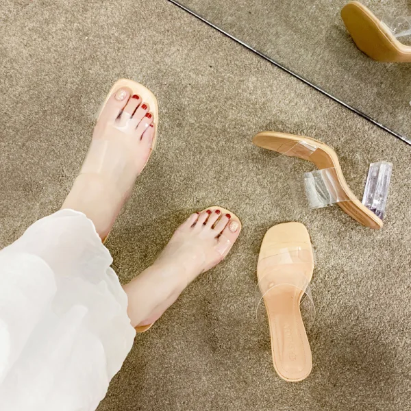 Sexy Transparent Beige Street Wear Womens Shoes 2020 9 cm Thick Heels Open / Peep Toe Sandals