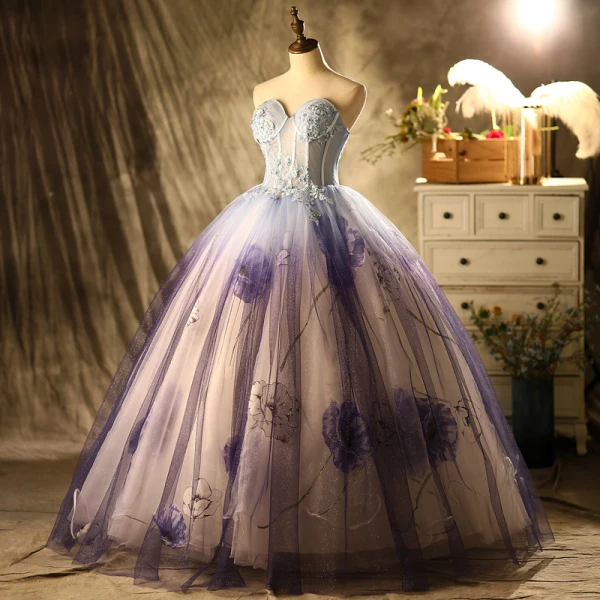 Chic / Beautiful Flower Fairy Purple Glitter Prom Dresses 2021 Ball Gown Strapless Beading Lace Flower Sleeveless Backless Floor-Length / Long Prom
