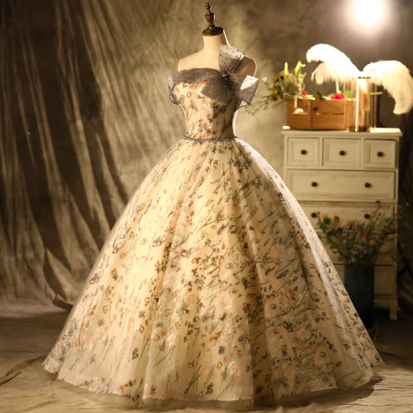 Elegant Prom Dresses 2021 Ball Gown Off-The-Shoulder Bow Beading Lace Flower Sleeveless Backless Floor-Length / Long Prom Formal Dresses