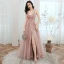 Sexy Rosa Ballkleider 2020 A Linie Spaghettiträger Perlenstickerei Strass Pailletten Ärmellos Rückenfreies Gespaltete Front Lange Festliche Kleider