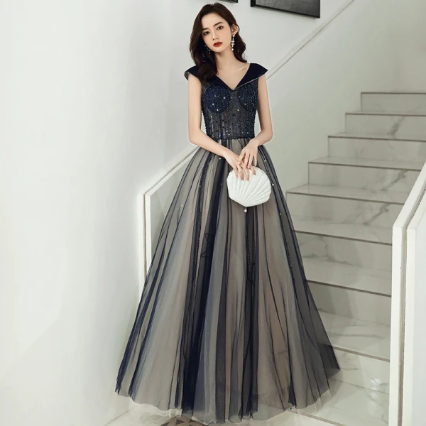 Elegant Navy Blue Prom Dresses 2020 A-Line / Princess V-Neck Beading Star Sequins Sleeveless Backless Floor-Length / Long Formal Dresses
