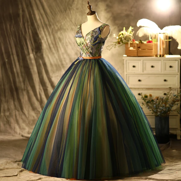 Vintage / Retro Multi-Colors Prom Dresses 2021 Ball Gown V-Neck Appliques Rhinestone Sash Sleeveless Backless Floor-Length / Long Formal Dresses