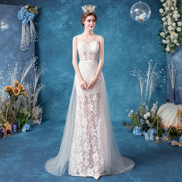 Illusion Abordable Ivoire Trompette / Sirène Robe De Mariée 2020 V-Cou En Dentelle Fleur Sans Manches Dos Nu Train De Balayage