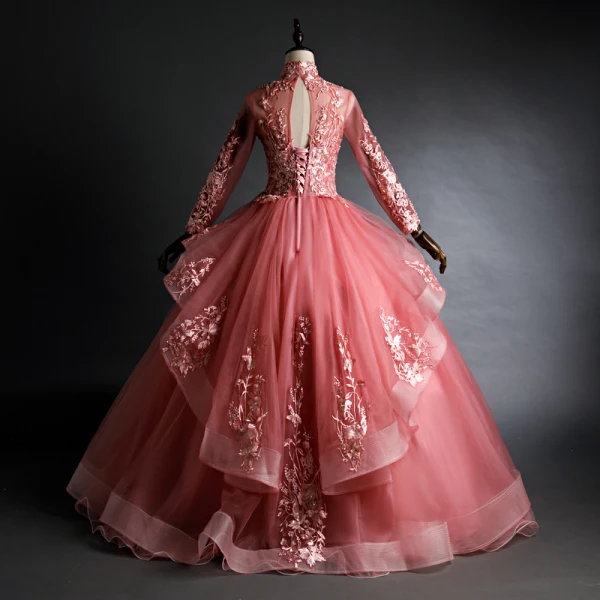 Chic / Belle Rose Bonbon Quinceañera Robe De Bal 2020 Robe Boule V-Cou Perlage Paillettes En Dentelle Fleur Manches Longues Dos Nu Longue Robe De Ceremonie