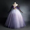 Elegant Purple Quinceañera Prom Dresses 2020 Ball Gown Off-The-Shoulder Glitter Beading Short Sleeve Backless Floor-Length / Long Formal Dresses