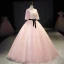 Chic / Beautiful Blushing Pink Prom Dresses 2021 Ball Gown V-Neck Rhinestone Lace Flower Sash Short Sleeve Backless Floor-Length / Long Prom Formal Dresses