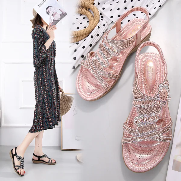 Fashion Summer Gold Street Wear Flat Womens Sandals 2020 Rhinestone Open / Peep Toe Sandals