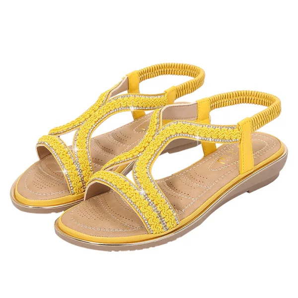 Snygga / Fina Svarta Casual Platt Sandaler Dam 2020 Rhinestone Peep Toe Sandaler