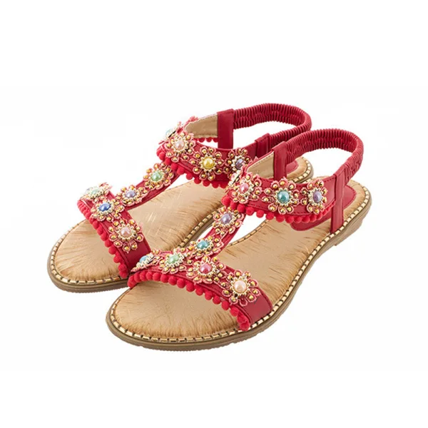Böhmen Sommer Rosa Strand Sandalen Damen 2020 Perle Strass Peeptoes Flache Sandaletten
