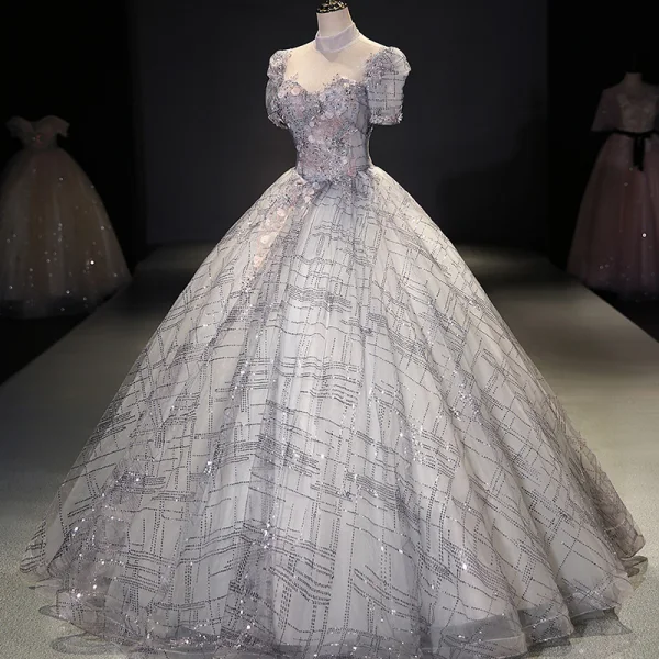 Charming Silver Prom Dresses 2021 Ball Gown High Neck Beading Pearl Sequins Lace Flower Short Sleeve Backless Floor-Length / Long Prom Formal Dresses