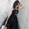 Chic / Beautiful Black Evening Dresses  2018 A-Line / Princess Cartoon Scoop Neck Sleeveless Floor-Length / Long Formal Dresses