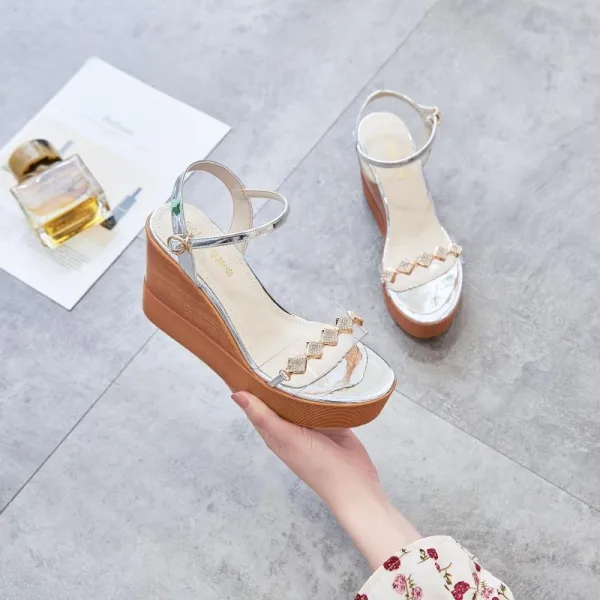 Sexy Silver Street Wear Womens Sandals 2020 Ankle Strap 10 cm Wedges Platform Open / Peep Toe Sandals