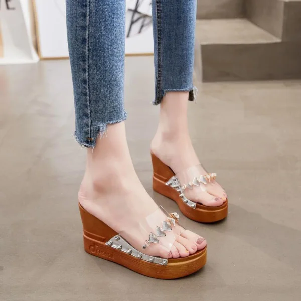 Sexy Transparent Braun Sommer Freizeit Sandalen Damen 2020 Strass 6 cm Keilabsatz Plateau Peeptoes Sandaletten