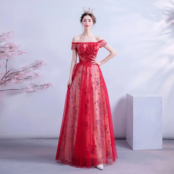 Charming Red Evening Dresses Crossed Straps A-Line / Princess Off-The-Shoulder Sequins Lace Flower Short Sleeve Backless Floor-Length / Long Formal Dresses