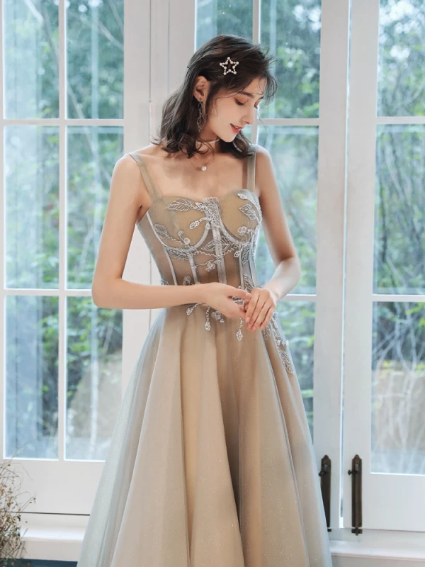 Élégant Champagne Robe De Soirée 2020 Princesse Encolure Carrée Perlage Paillettes Sans Manches Dos Nu Longue Robe De Ceremonie
