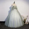 Chic / Beautiful Sage Green Prom Dresses 2021 Ball Gown Off-The-Shoulder Rhinestone Lace Flower Short Sleeve Backless Floor-Length / Long Formal Dresses