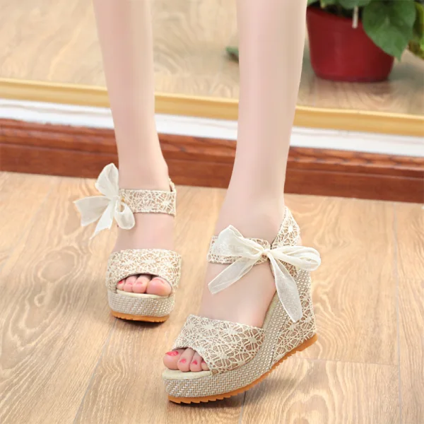 Schöne Schwarz Freizeit Sandalen Damen 2020 Pailletten Schleife 10 cm Keilabsatz Plateau Peeptoes Sandaletten