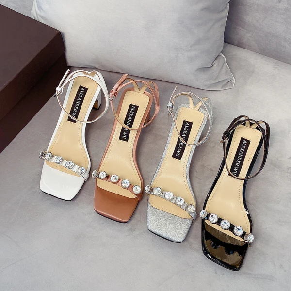 Fashion Champagne Evening Party Leather Womens Sandals 2020 Rhinestone Ankle Strap 6 cm Thick Heels Open / Peep Toe Sandals