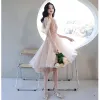 Sparkly Charming Champagne Homecoming Asymmetrical Graduation Dresses Cocktail Dresses 2021 A-Line / Princess Scoop Neck Beading Sequins Sleeveless Formal Dresses