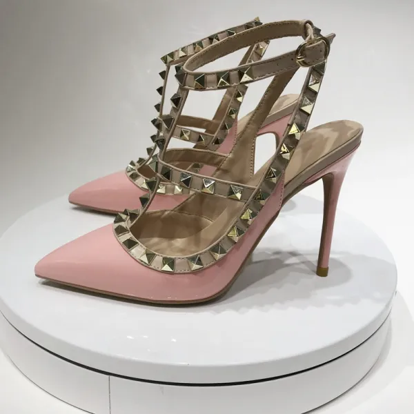 Sexy Blushing Pink Evening Party Rivet Womens Sandals 2020 10 cm Stiletto Heels Pointed Toe Sandals