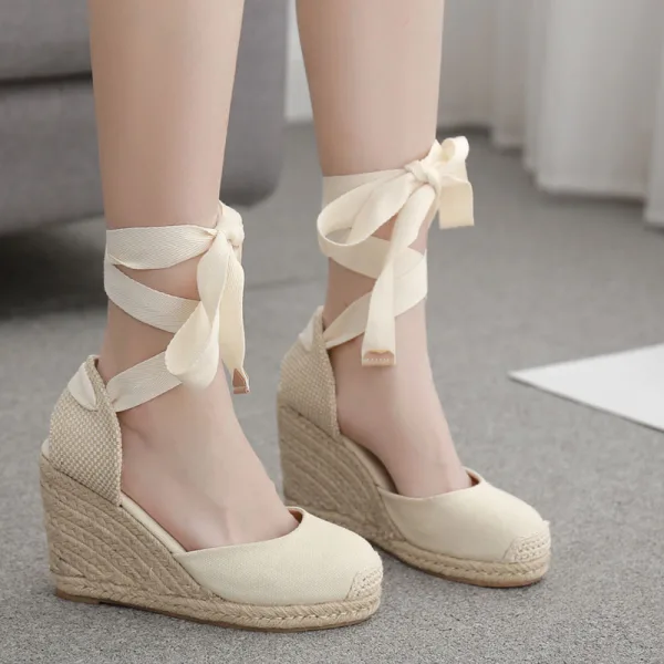 Chic / Belle Noire Vêtement de rue Tresser Sandales Femme 2020 Bride Cheville 10 cm Compensées Plateforme À Bout Rond Sandales