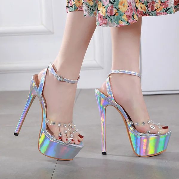 Sexy Silver Cocktail Party Laser Womens Sandals 2020 Rhinestone Ankle Strap 17 cm Stiletto Heels Open / Peep Toe Sandals