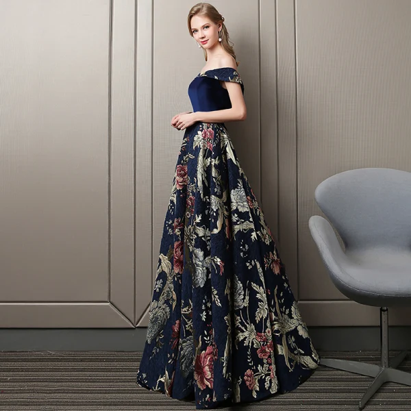 Colored Navy Blue Evening Dresses 2018 A-Line / Princess Suede Printing Off-The-Shoulder Sleeveless Backless Floor-Length / Long Formal Dresses