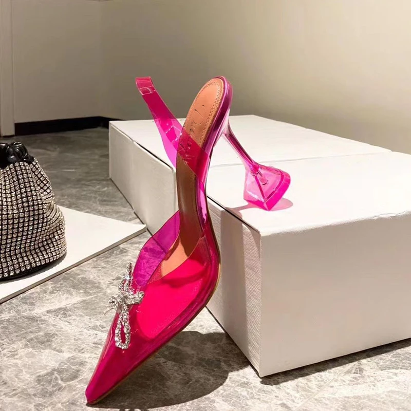 Sandales à talons transparents et liens - Fuchsia