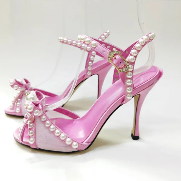 Sexy Noire Cocktail Perle Noeud Sandales Femme 2020 Cuir Faux Diamant 10 cm Talons Aiguilles Peep Toes / Bout Ouvert Sandales