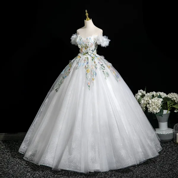 Fairytale Multi-Colors Lace Flower Appliques Pearl White Prom Dresses 2025 Ball Gown Off-The-Shoulder Short Sleeve Backless Floor-Length / Long Prom Formal Dresses
