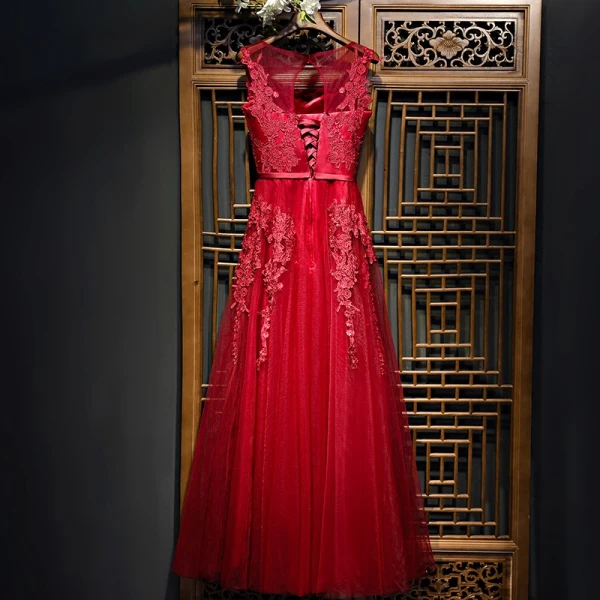 Chic / Beautiful Red Formal Dresses Evening Dresses 2017 Lace Flower Scoop Neck Sleeveless Ankle Length A-Line / Princess