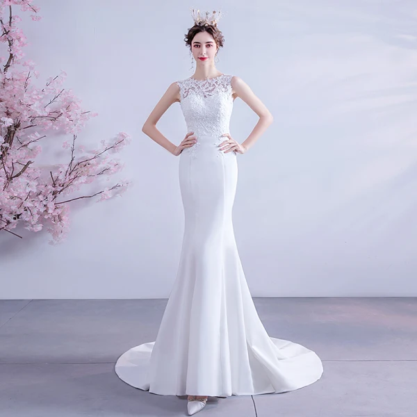 Affordable White Trumpet / Mermaid Wedding Dresses 2020 Scoop Neck Lace Flower Sleeveless Backless Sweep Train